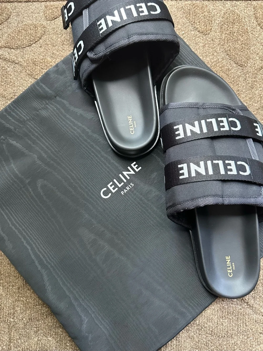 Celine Black Logo-Jacquard Canvas Sandals Men's Slide Sandals 12
